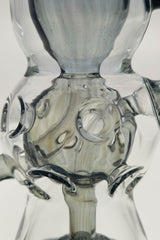 Close-up of TAG 12" Faberge Egg Klein Incycler with intricate percolator design, clear glass, 14MM female joint