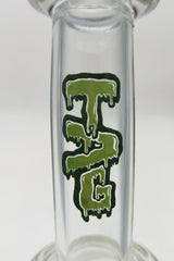 Close-up of TAG logo on 12" Honeycomb to Tree Percolator Dab Rig in Clear Glass