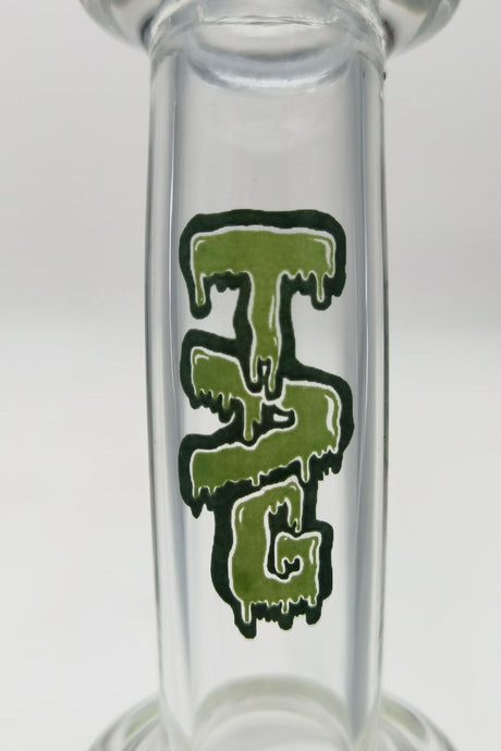 Close-up of TAG logo on 12" Honeycomb to Tree Percolator Dab Rig in Clear Glass