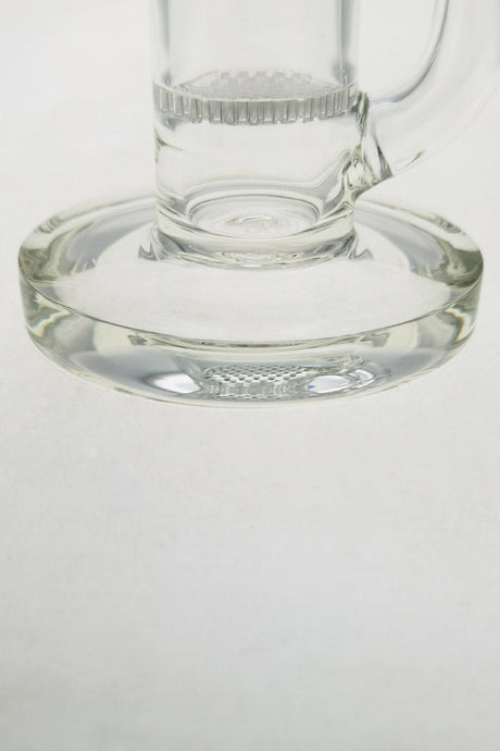 Close-up of TAG 12" Honeycomb to Tree Percolator Dab Rig base with clear glass on white background