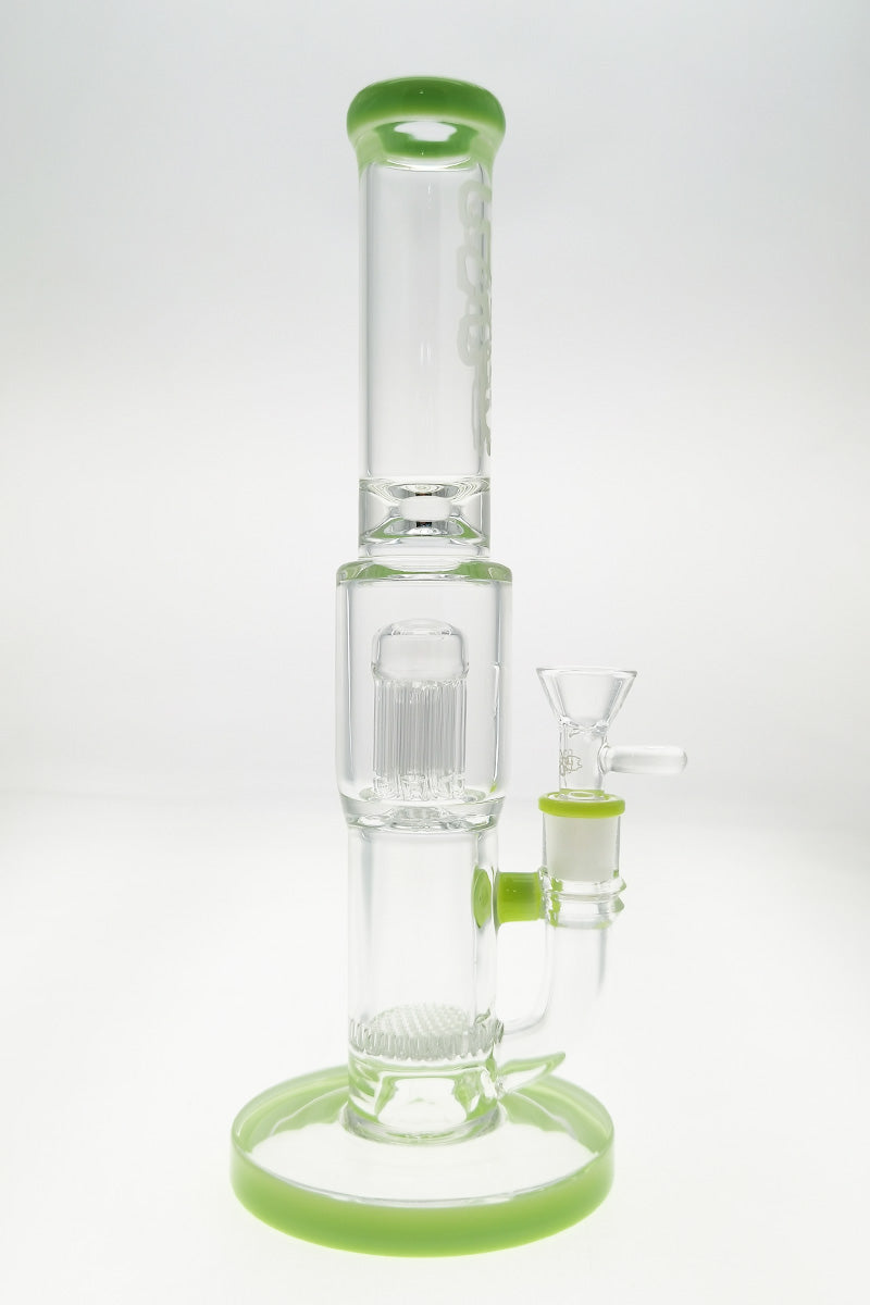 TAG 12" Clear Glass Bong with Green Accents, Honeycomb & Tree Percolators, Front View