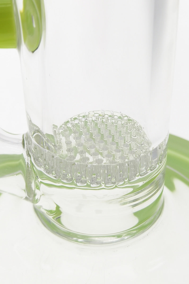 Close-up of TAG 12" Bong with Single Honeycomb Percolator, Clear Glass, 90 Degree Joint