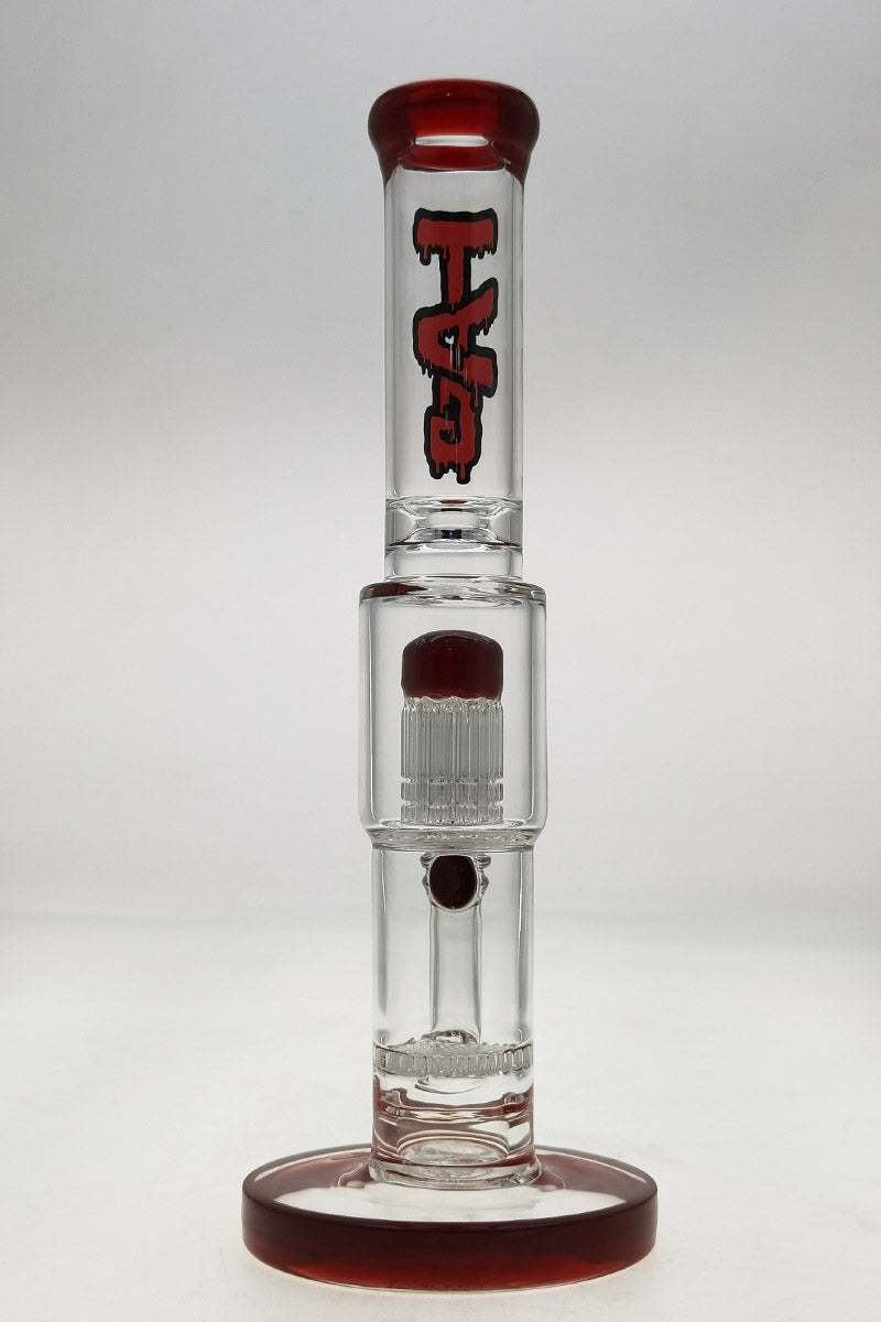 TAG 12" Clear Glass Bong with Red Honeycomb and Tree Percolators Front View