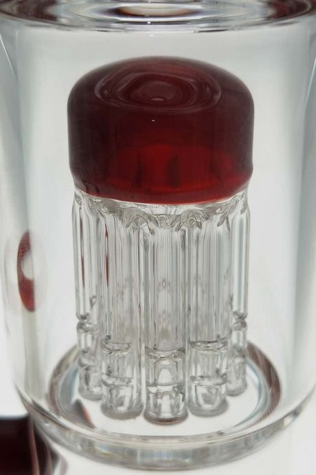 Close-up of TAG 12" Honeycomb to Tree Percolator Bong with red accents, clear glass, and 14MM Female joint