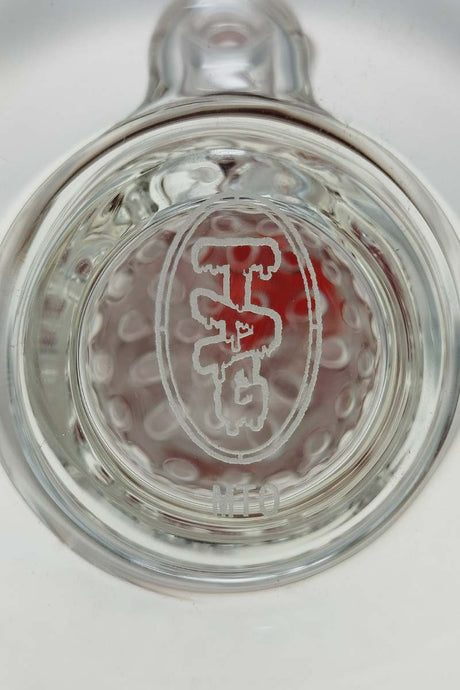 Top view of TAG 12" Honeycomb to Tree Percolator Bong with red logo, clear glass, for dry herbs