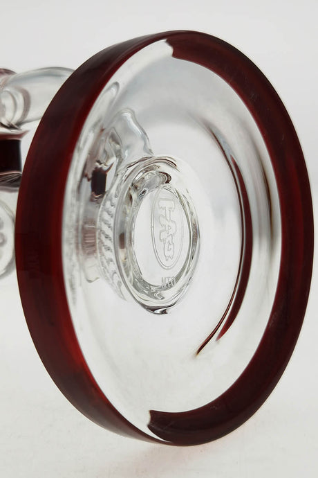 TAG 12" bong with single honeycomb, 8 arm tree perc, clear with red accents, bottom view