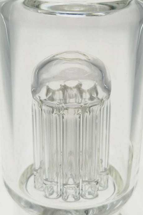 Close-up view of TAG 12" Clear Glass Bong with Single Honeycomb and 8 Arm Tree Percolator