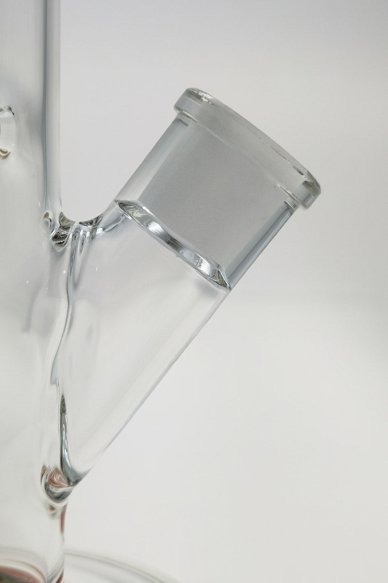 Close-up of TAG 12" Straight Tube Bong with 18/14MM Downstem, clear glass, 45-degree joint