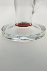 Close-up of TAG 12" Straight Tube Bong base, clear with red accents, 44mm diameter