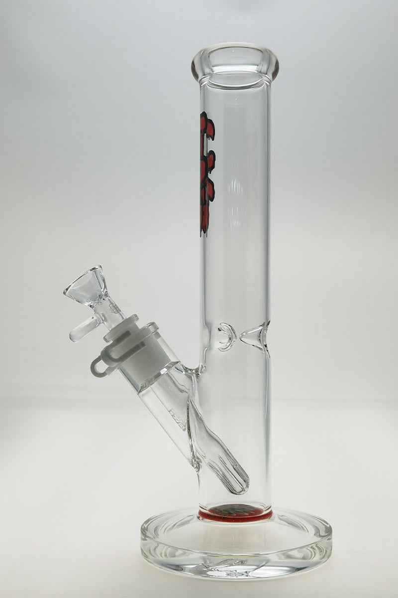 TAG 12" Straight Tube Bong, 44mm Diameter, Clear with Red Accents, Front View