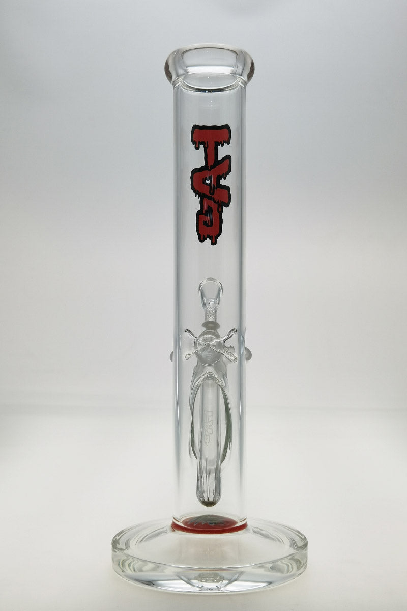 TAG 12" Clear Straight Tube Bong with Red Logo, 44mm Diameter, Front View