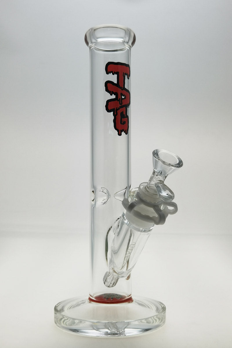TAG 12" Straight Tube Clear Bong with Red Logo, 44mm Diameter, Front View on White Background