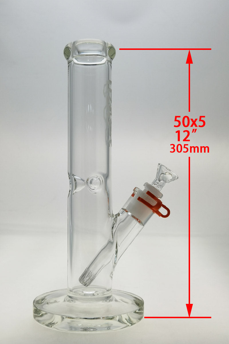TAG 12" Clear Straight Tube Bong with 18/14MM Downstem Front View