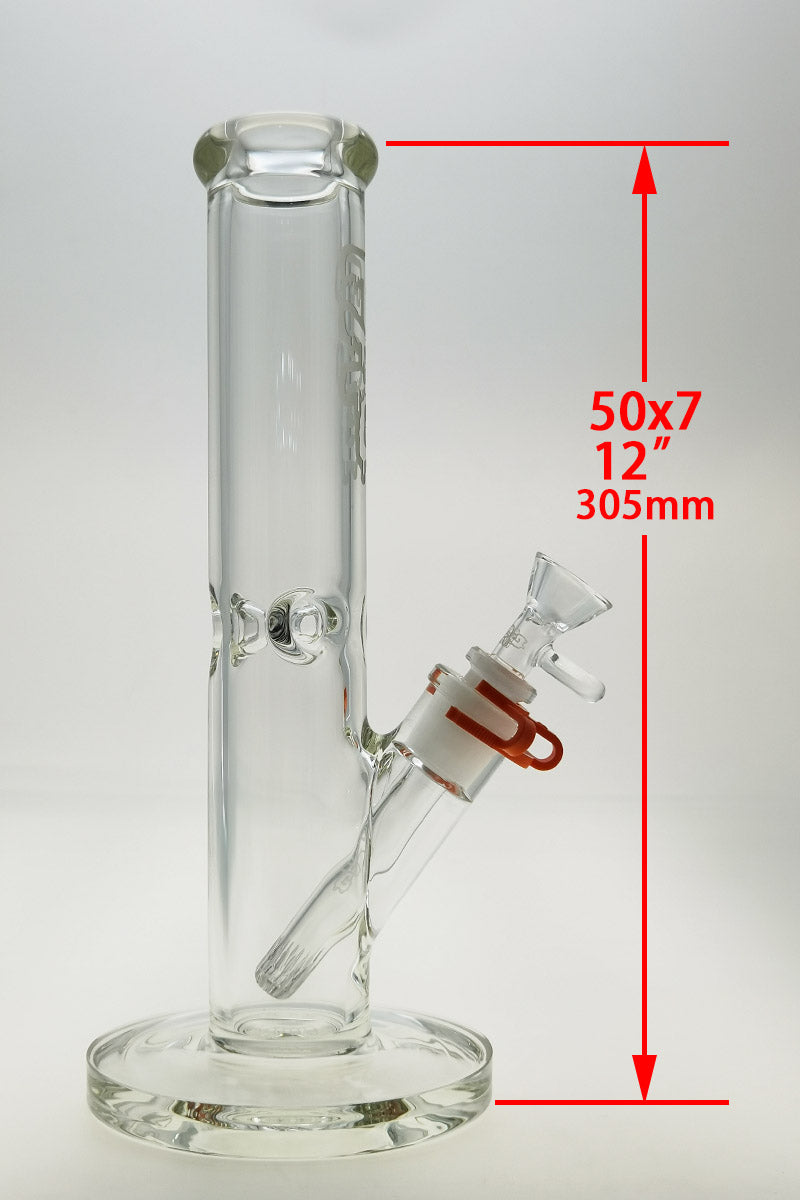 TAG Clear Straight Tube Bong 12" Height, 50x7MM Thick Glass, Front View with Downstem