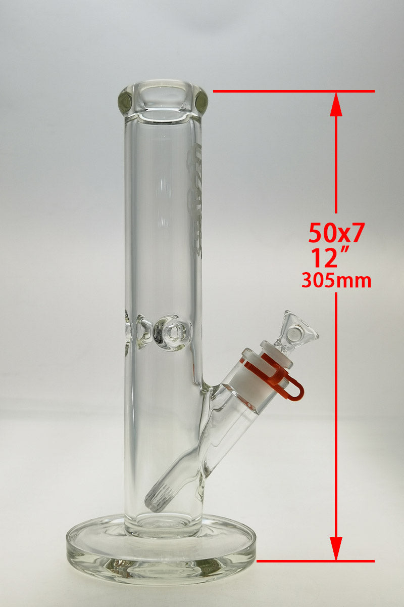 TAG 12" Straight Tube Bong, 50x7MM, Clear Glass, Front View with Downstem