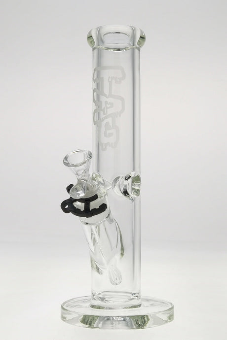 TAG 12" Straight Tube Bong with Wavy Sandblasted Logo, 50x9mm, Clear, Front View