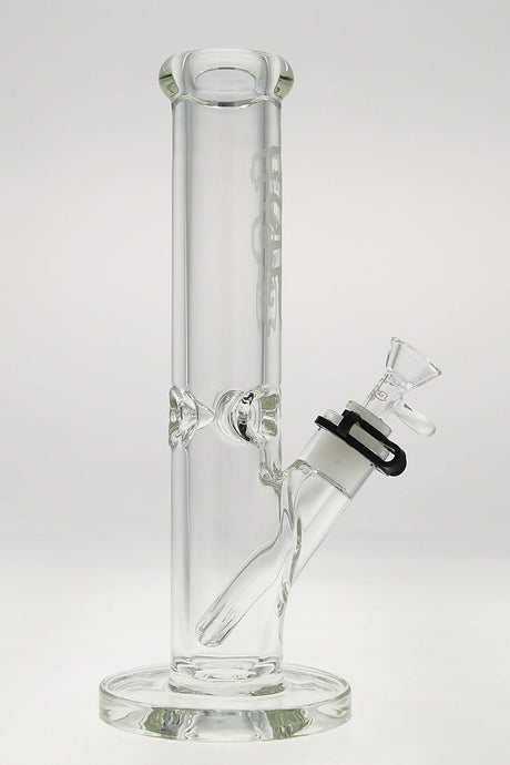 TAG 12" Clear Straight Tube Bong with Sandblasted Logo and 18/14MM Downstem, Front View