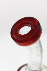 Close-up of TAG 12" Bellow UFO Bong's red mouthpiece, 65x5MM thick glass, 18MM female joint