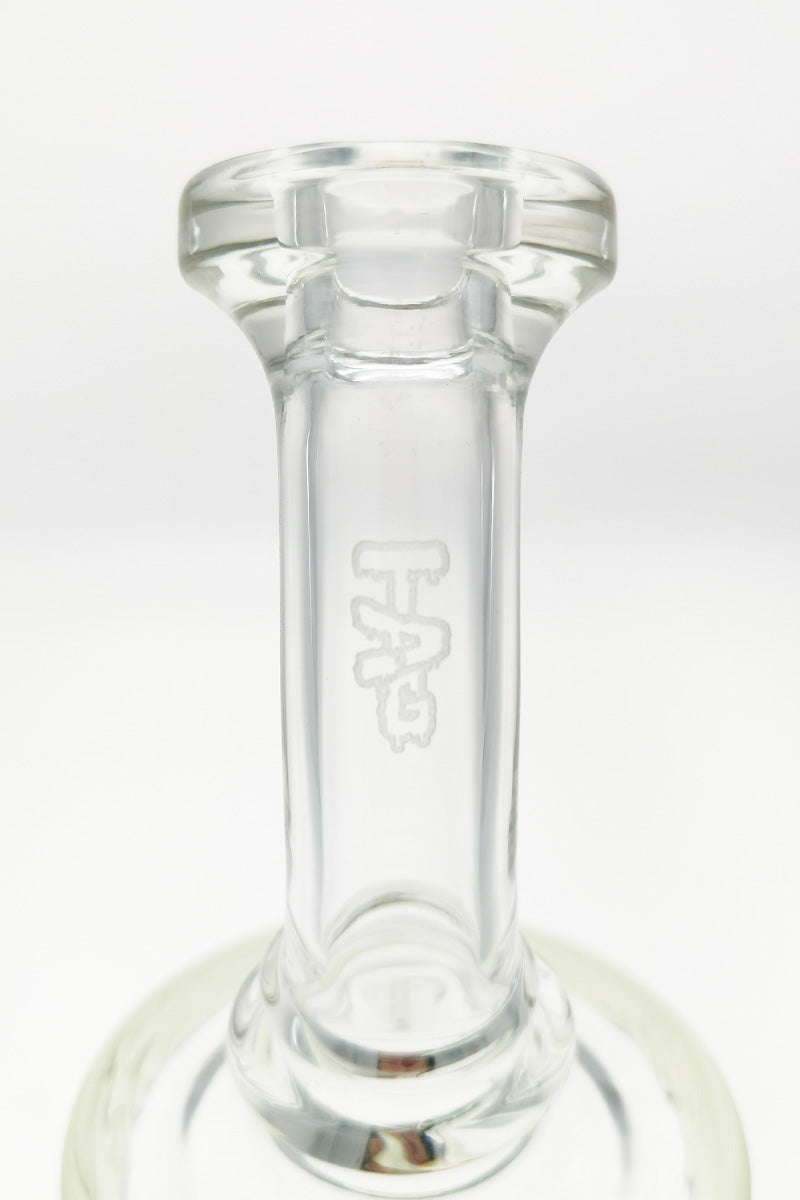 Close-up of TAG 12" Super Slit Bellow UFO Bong neck with engraved logo, 18MM Female joint