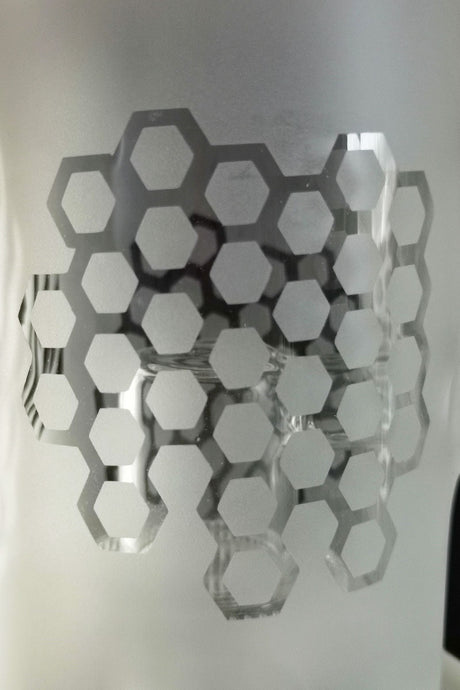 Close-up of TAG 12" Super Slit Matrix Diffuser for bongs, clear borosilicate glass, side view