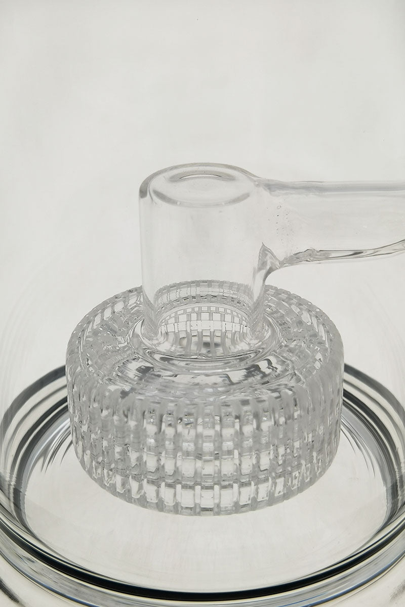 Close-up of TAG 12" Super Slit Matrix Diffuser for bongs, clear borosilicate glass, 90-degree joint