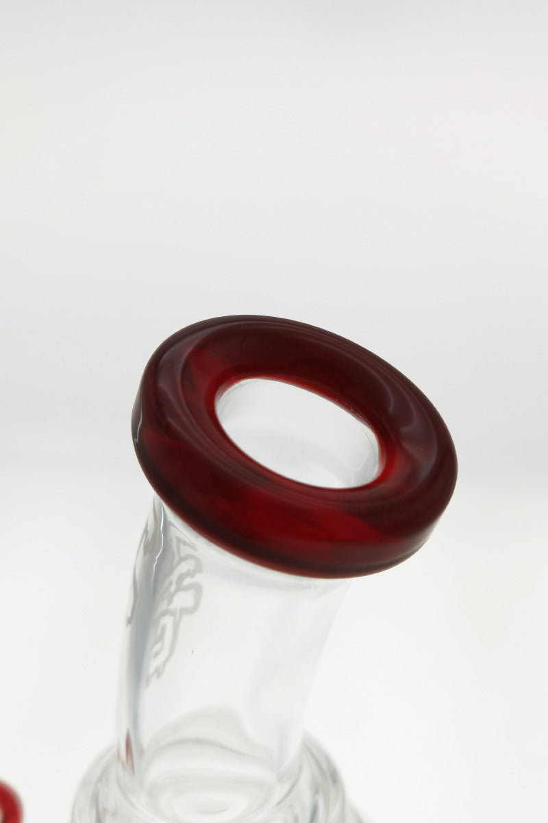 Close-up of TAG 12" Super Slit Matrix Diffuser's red mouthpiece, showcasing its thick borosilicate glass build