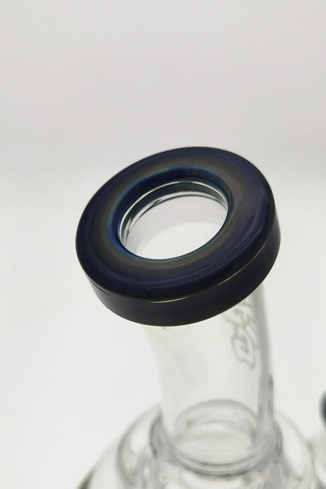 Close-up of TAG 12" Super Slit Matrix Diffuser with black rim, 18MM Female joint, clear borosilicate glass body.