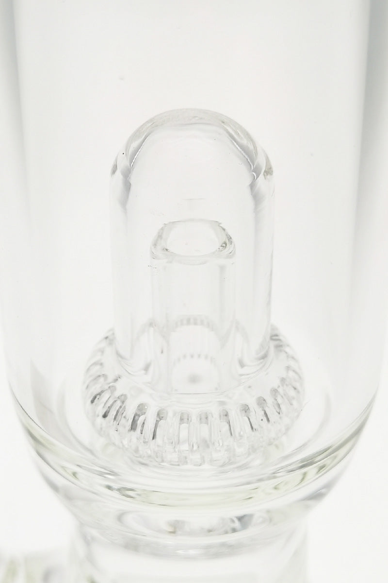 Close-up of TAG 12" Super Slit UFO Beaker's percolator, clear glass, for dry herbs
