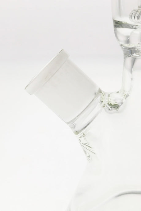 Close-up of TAG 12" Super Slit UFO Beaker's 18/14MM Downstem, clear glass with 45-degree joint