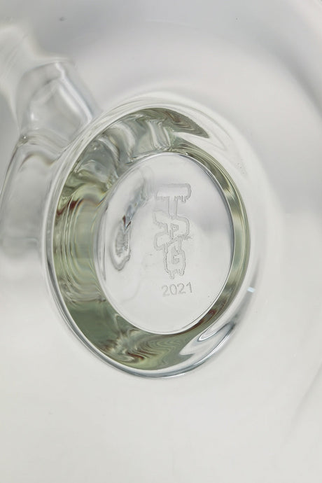 Close-up of TAG straight tube bong base with 8 arm percolator and Thick Ass Glass logo