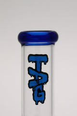 TAG straight tube bong with blue accents and 8-arm tree percolator, front view on white background