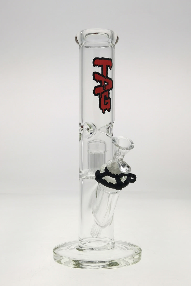 TAG 13" Straight Tube Bong with 8 Arm Tree Percolator and Black Logo, Front View