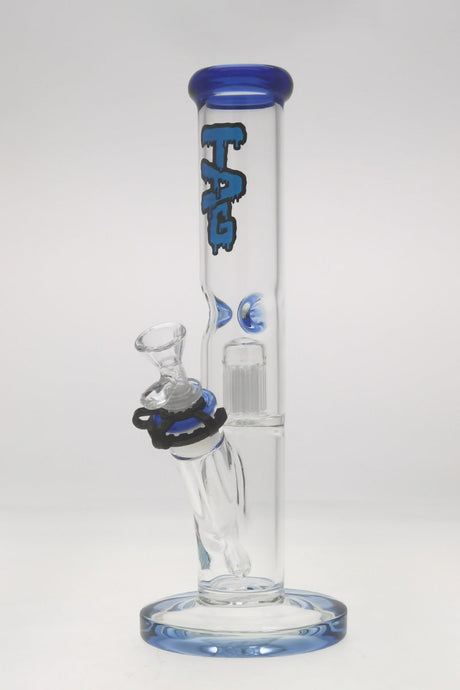 TAG 13" Straight Tube Bong with 8 Arm Tree Percolator, Blue Accents, Front View