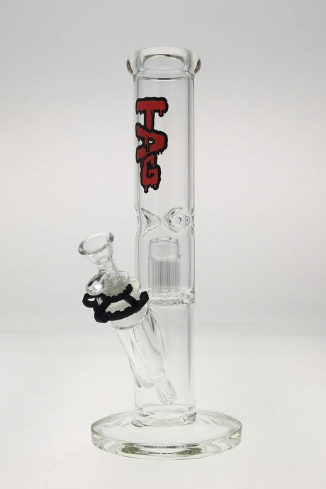 TAG 13" Straight Tube Bong with 8 Arm Tree Percolator, Clear with Wavy Red Label, Front View