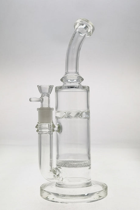 TAG 13" Bent Neck Bong with Fritted Disc and Spinning Splash Guard, 18MM Female Joint, Clear