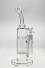 TAG 13" Bent Neck Bong with Fritted Disc Percolator and Spinning Splash Guard, Clear, Front View