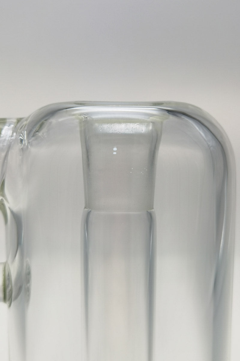 Close-up of TAG 13" Double Ratchet Bubbler joint, clear glass, 90-degree 18MM female