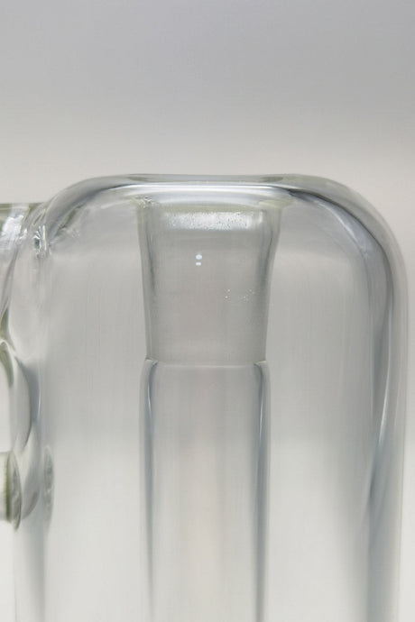 Close-up of TAG 13" Double Ratchet Bubbler joint, clear glass, 90-degree 18MM female
