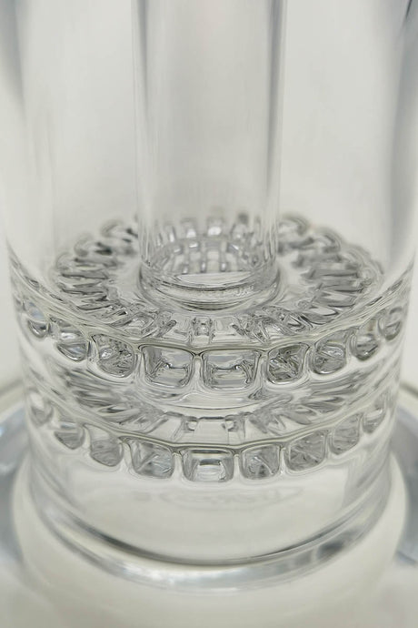 Close-up of TAG 13" Double Ratchet Bubbler's percolator, clear heavy-wall glass, 18MM female joint