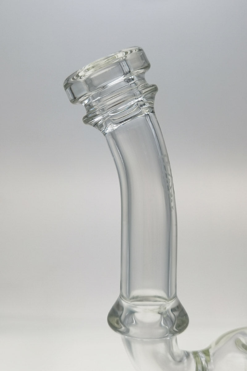 TAG 13" Double Ratchet Bubbler, clear glass, 90 degree 18MM female joint, close-up side view