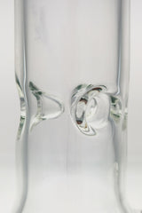 Close-up of TAG 14" Beaker Bong joint detail, clear glass with 18/14MM downstem