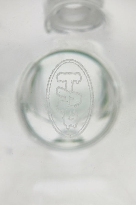Close-up view of TAG logo on 14" Beaker Bong by Thick Ass Glass, clear glass detail