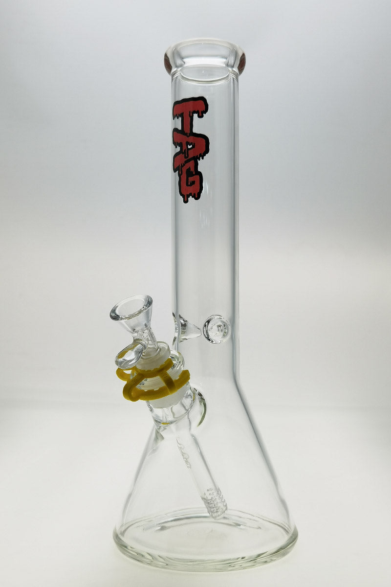 TAG 14" Clear Beaker Bong with Red Logo, 50x5MM, Front View with Downstem
