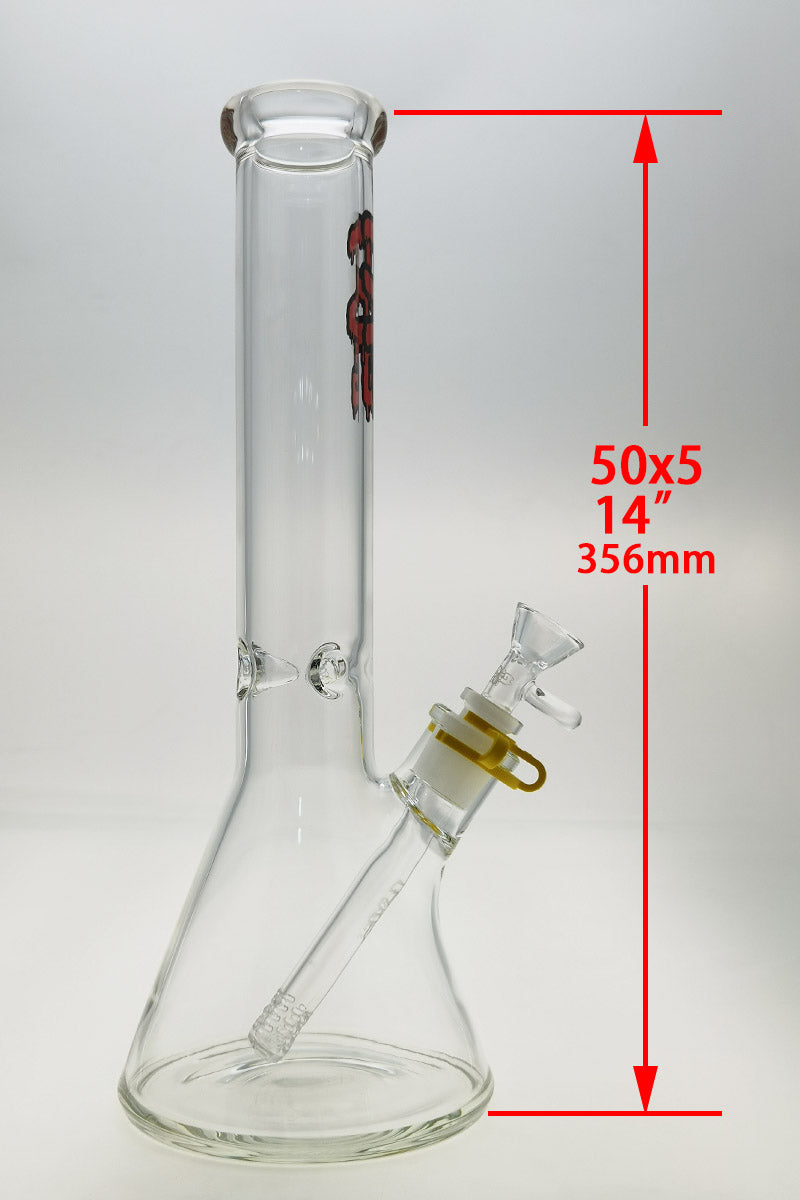 TAG 14" Clear Beaker Bong 50x5MM with 18/14MM Downstem, Front View on White Background