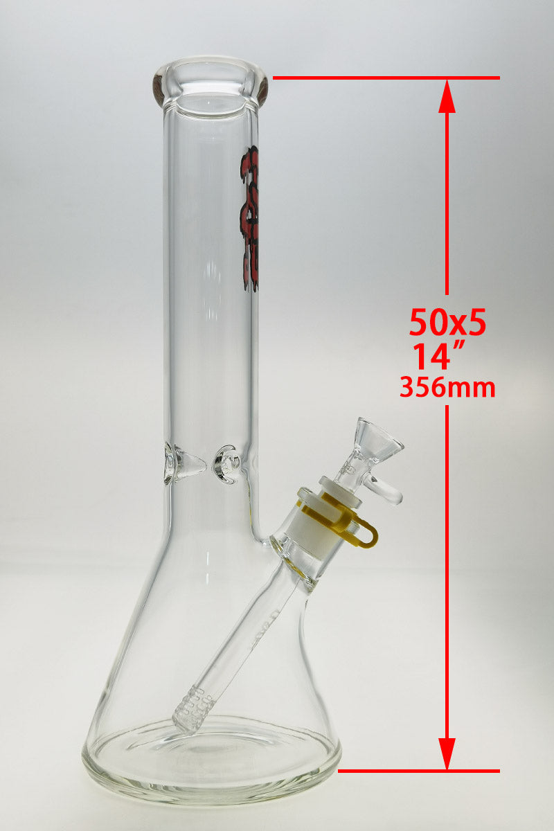 Thick Ass Glass 14" Beaker Bong Clear 50x5MM with Red Accents, Side View on White Background