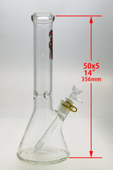 Thick Ass Glass 14" Beaker Bong Clear 50x5MM with Red Accents, Side View on White Background