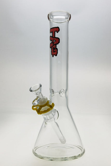 TAG 14" Beaker Bong 50x5MM with Red Logo, Clear Glass, 18/14MM Downstem, Front View