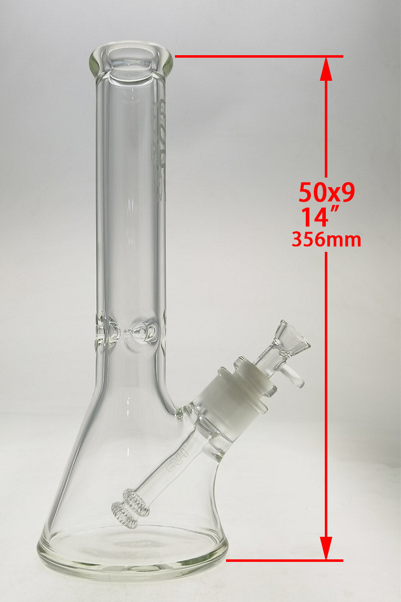 TAG 14" Beaker Bong 50x9MM with Clear Glass and 28/18MM Downstem, Front View