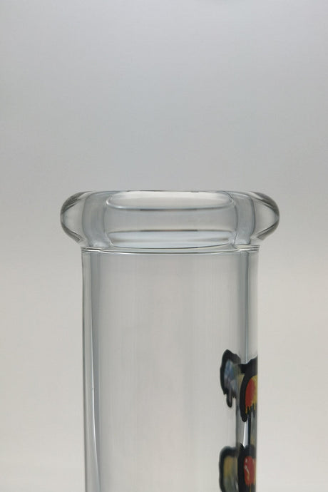 Close-up view of TAG 14" Beaker Bong with thick 7mm glass and tie-dye accents on clear body