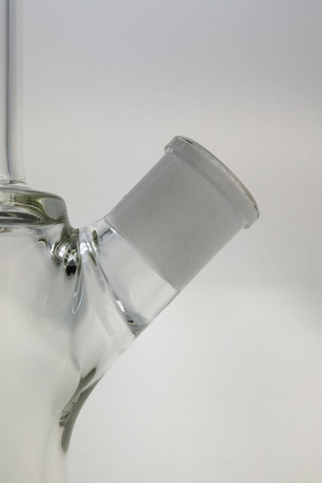 Close-up of TAG 14" Beaker Bong joint with 18/14MM downstem, clear glass, 45 degree angle.